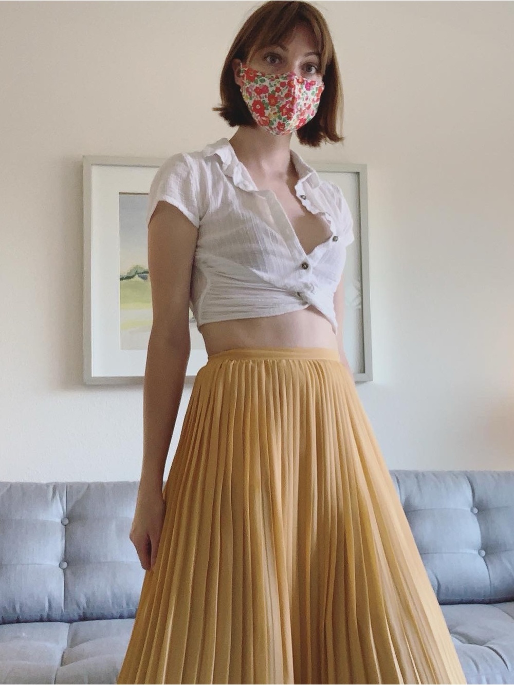 Vintage Pleated Silk Crepe Midi Skirt - Mustard Yellow